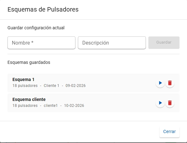 Diálogo Esquemas de Pulsadores con la sección para guardar la configuración actual y los esquemas guardados