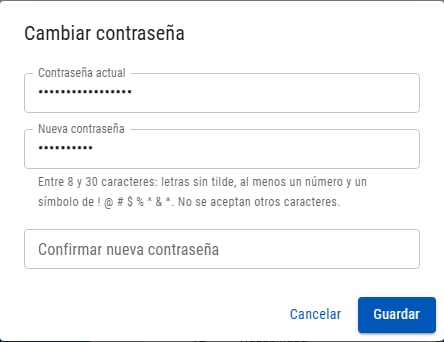 Ventana Cambiar contraseña con contraseña actual, nueva y confirmación