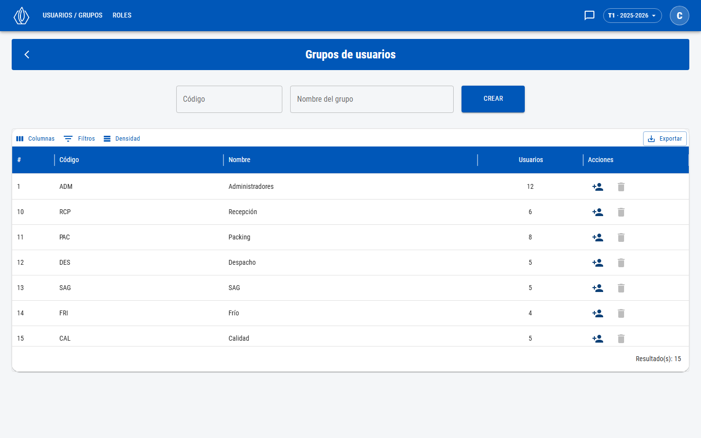 Formulario para crear grupos y lista con # Código Nombre Usuarios y Acciones