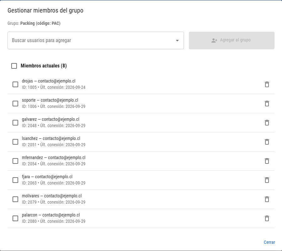 Ventana con el buscador de usuarios para agregar y la lista de miembros actuales
