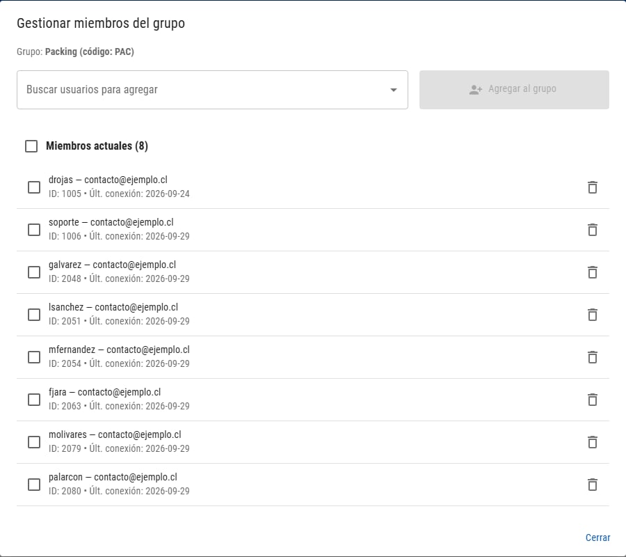 Ventana con el buscador de usuarios para agregar y la lista de miembros actuales
