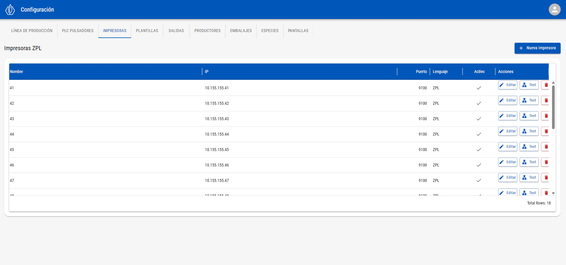 Listado de impresoras registradas con el formulario de nueva impresora