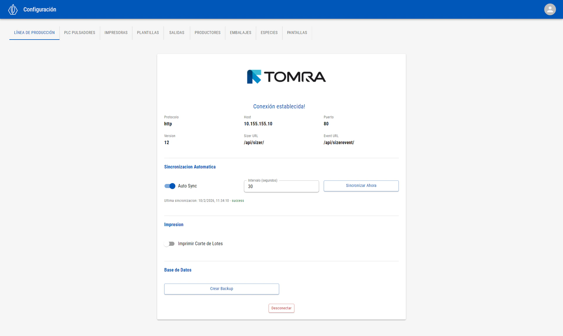 Formulario de configuración del Sizer con campos de IP, puerto y estado de conexión exitosa
