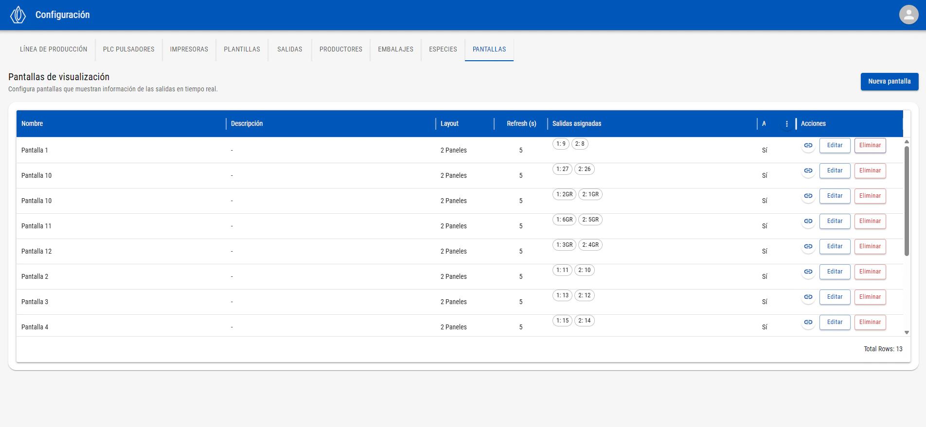 Sección de gestión de pantallas con el listado y formulario de nueva pantalla