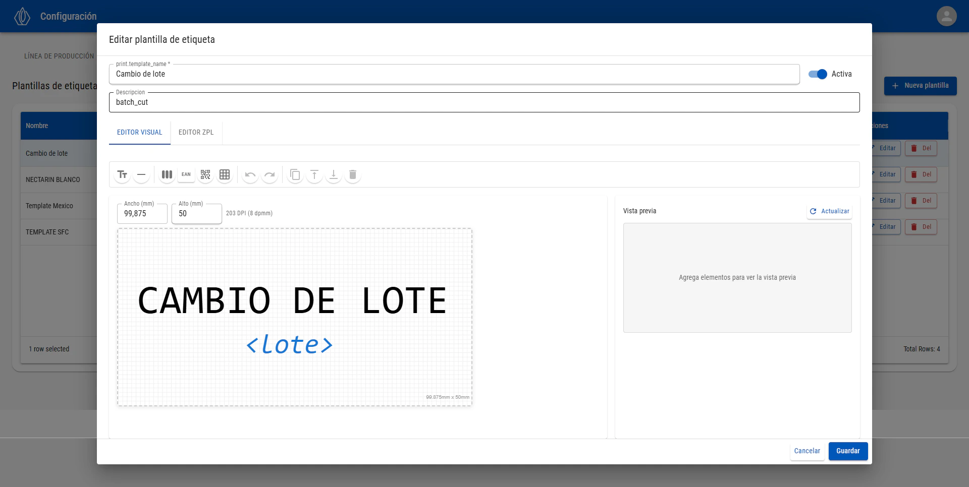 Editor visual drag-and-drop de plantillas ZPL