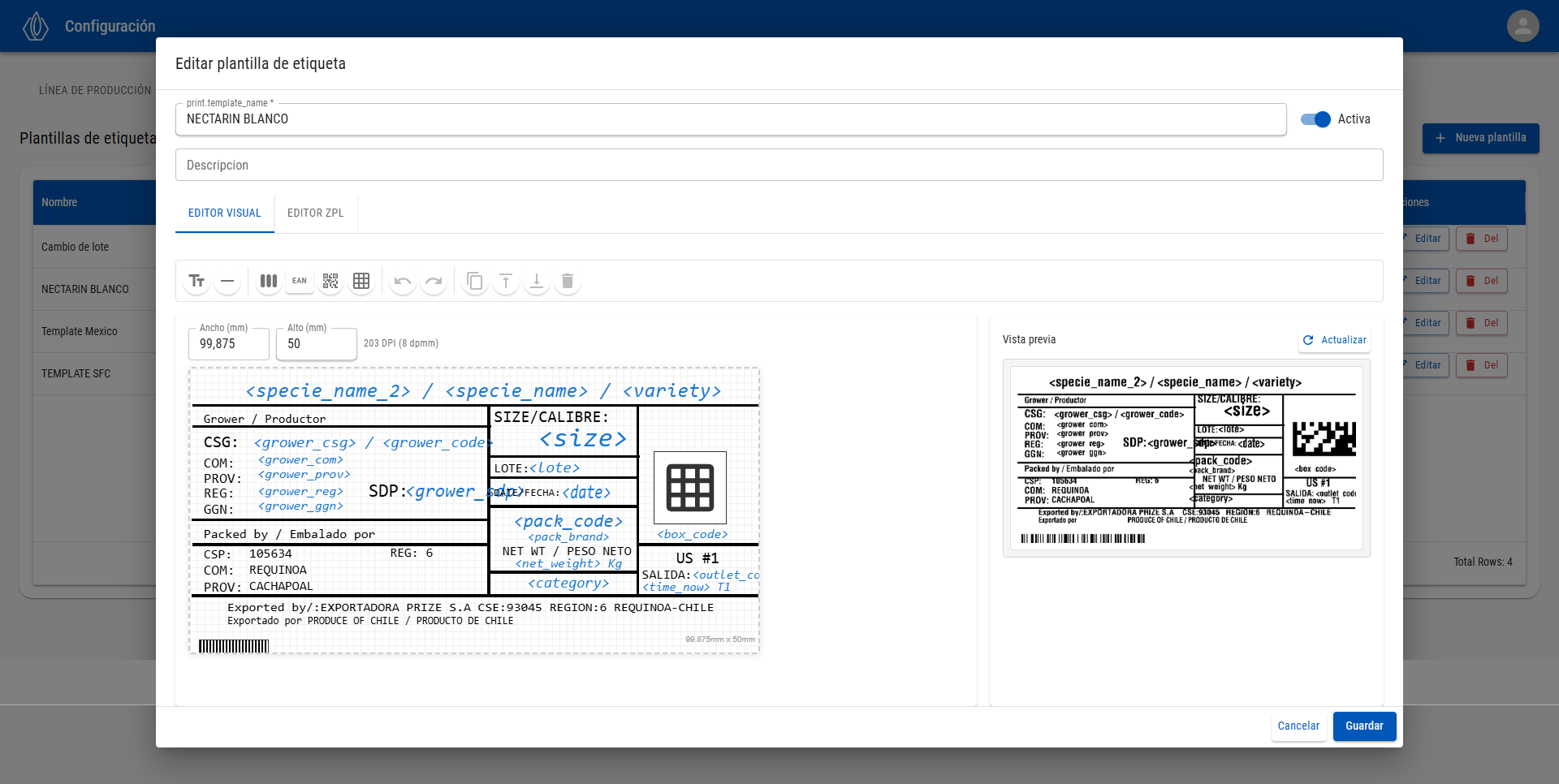 Editor visual de plantillas con el lienzo de diseño, variables y vista previa
