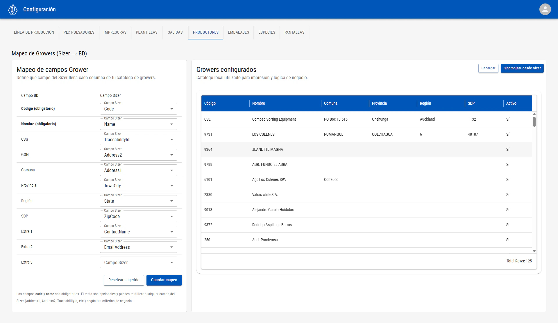Listado de productores con el formulario de nuevo productor