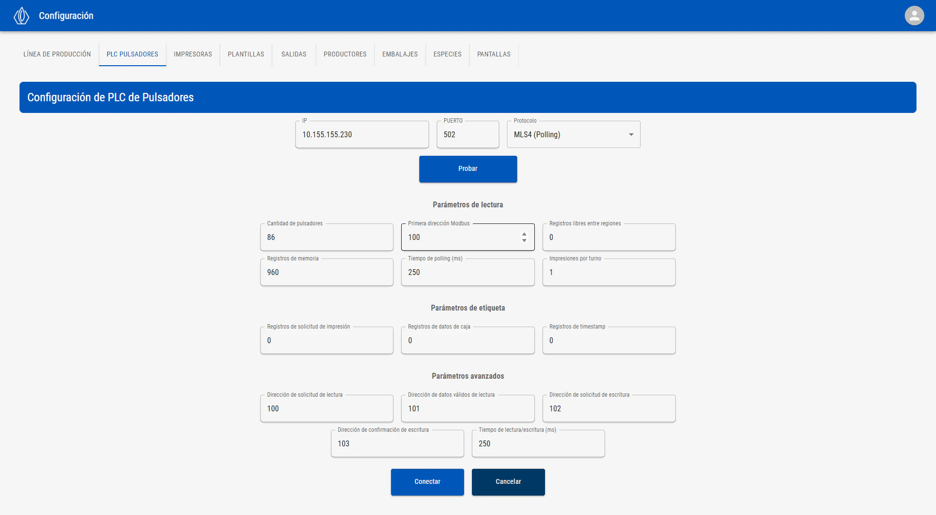 Panel lateral de Log PLC mostrando eventos en tiempo real con slots, timestamps y estados de acknowledge