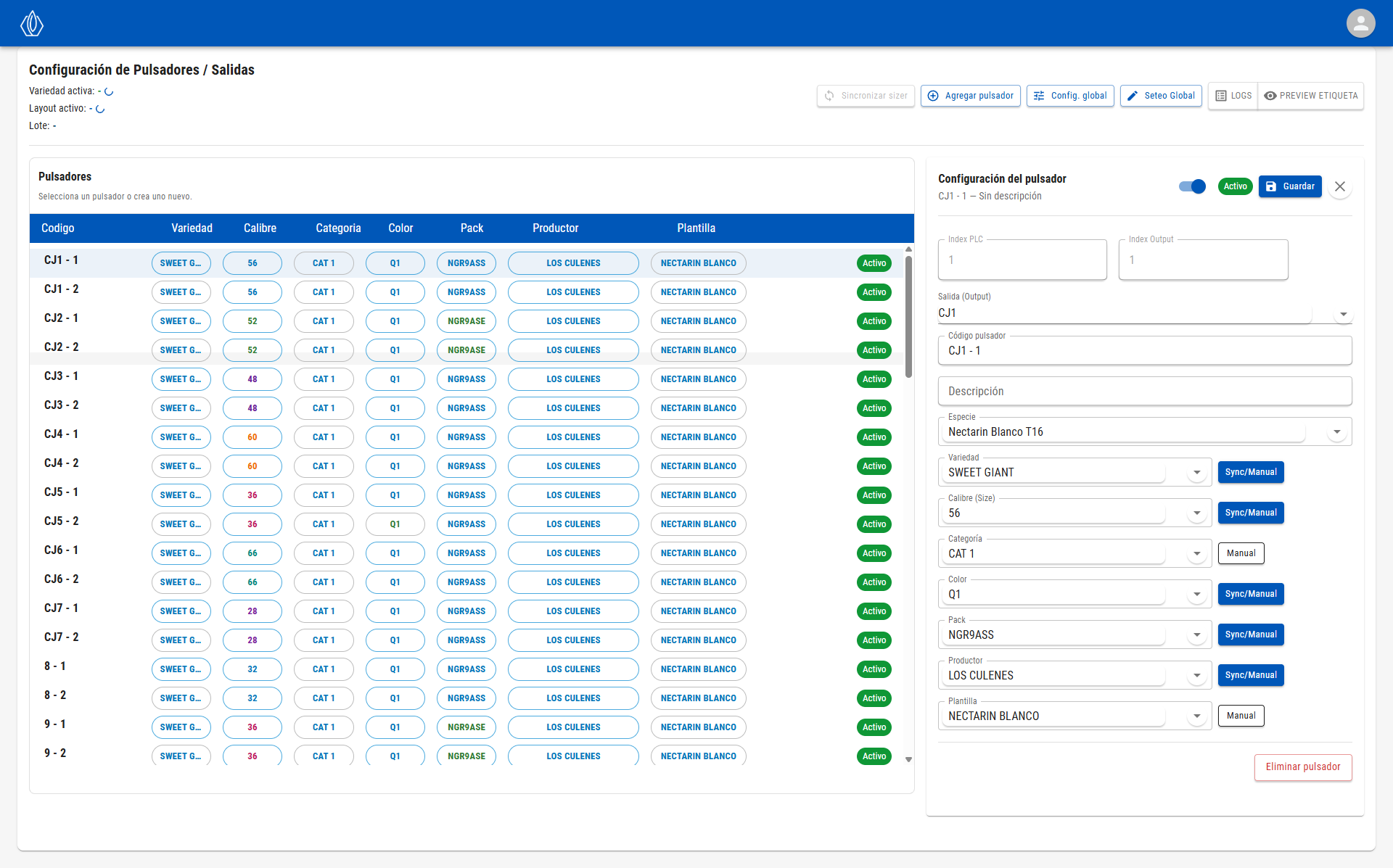 Panel de configuración de un pulsador con sus índices, salida y atributos de producto