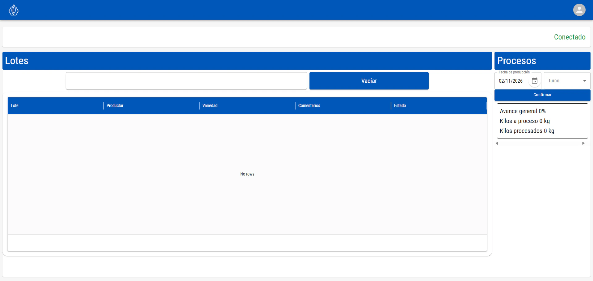 Tabla de batches en el módulo Vaciado mostrando órdenes de trabajo con productor, variedad y estado