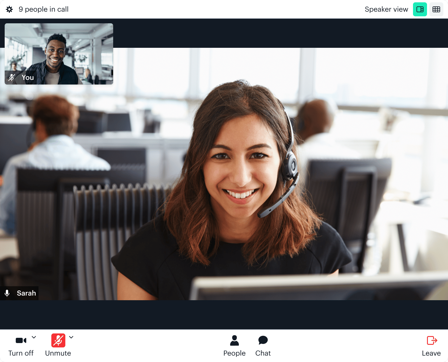 Video call with one participant large and and other smaller participants float to top left