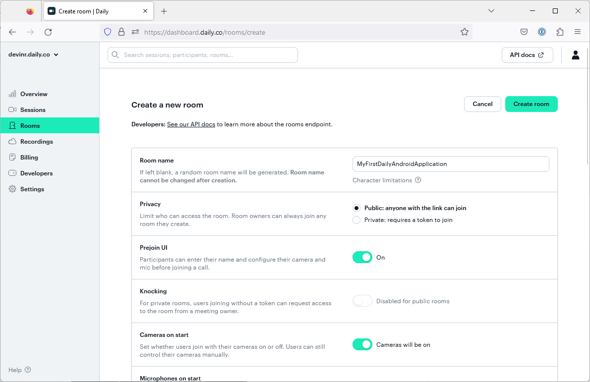 Create a Room in the Daily Dashboard
