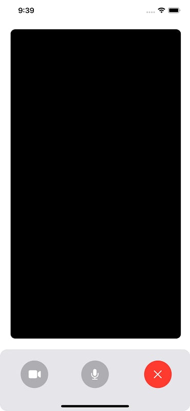 Application loaded in simulator with a black screen at the top and call controls at the bottom
