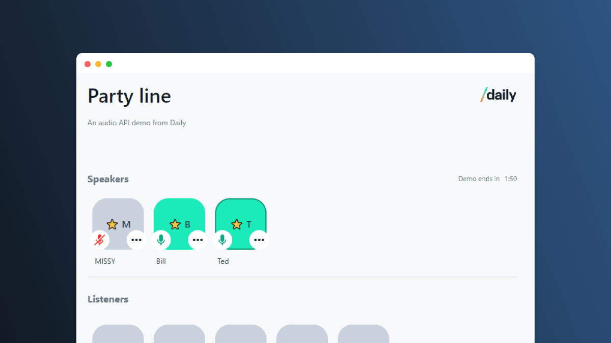 Audio-only demo app Party Line features icons representing speakers and listeners