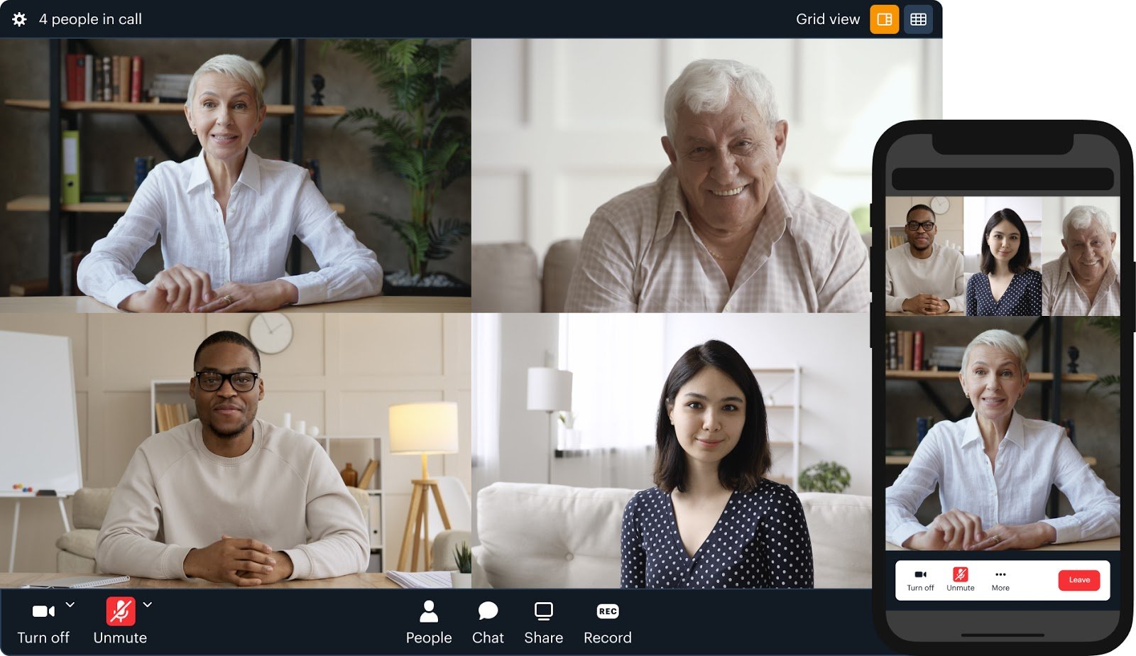 Four video screens on a Daily Prebuilt video call