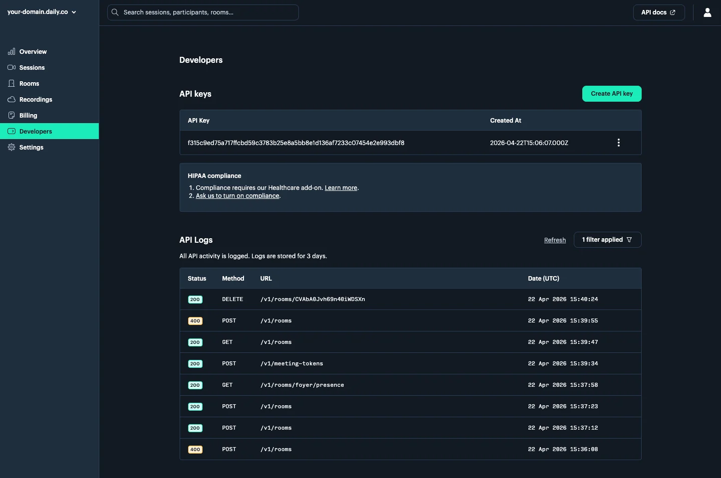 Developers page in the Daily dashboard showing API keys and API logs