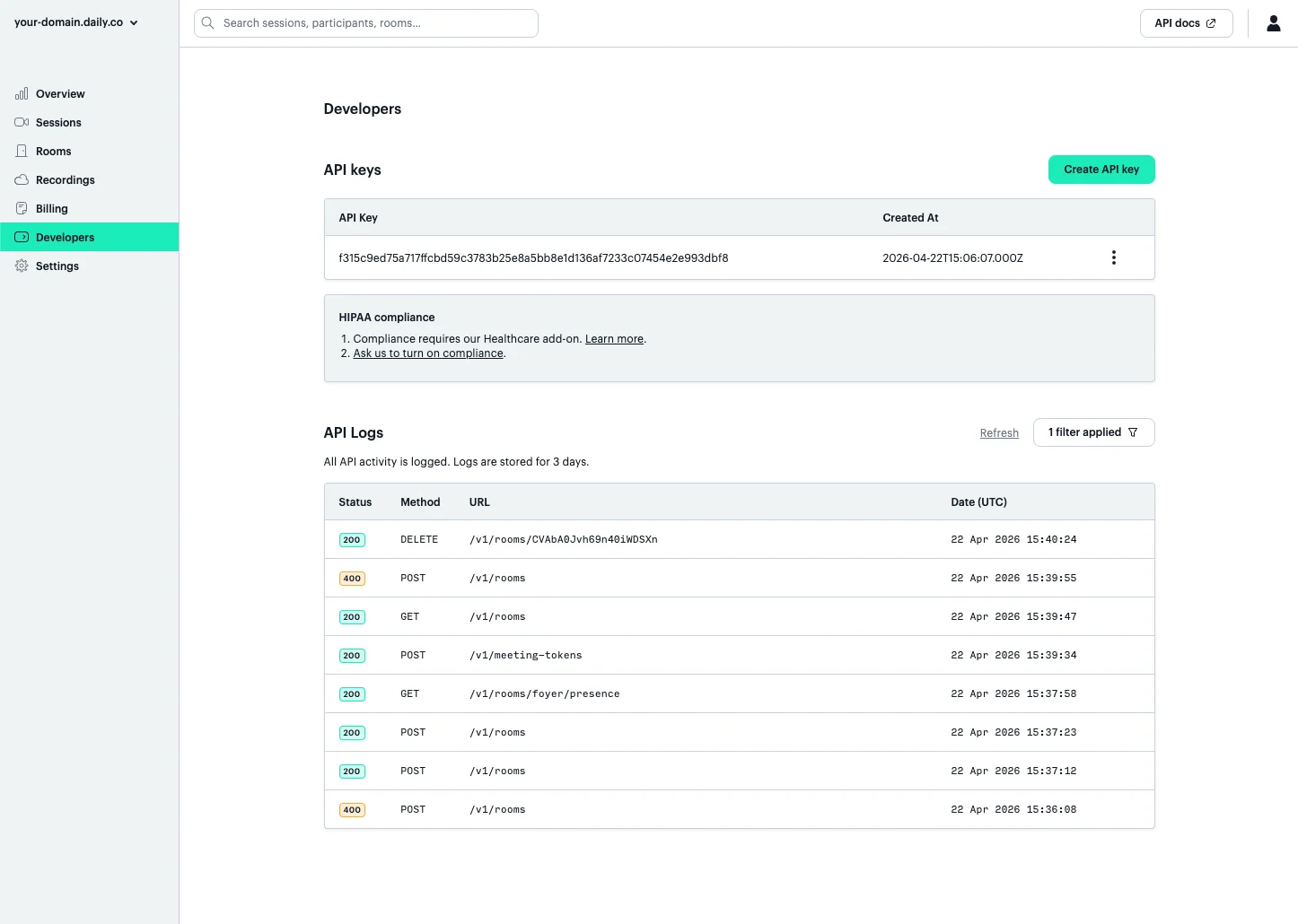 Developers page in the Daily dashboard showing API keys and API logs