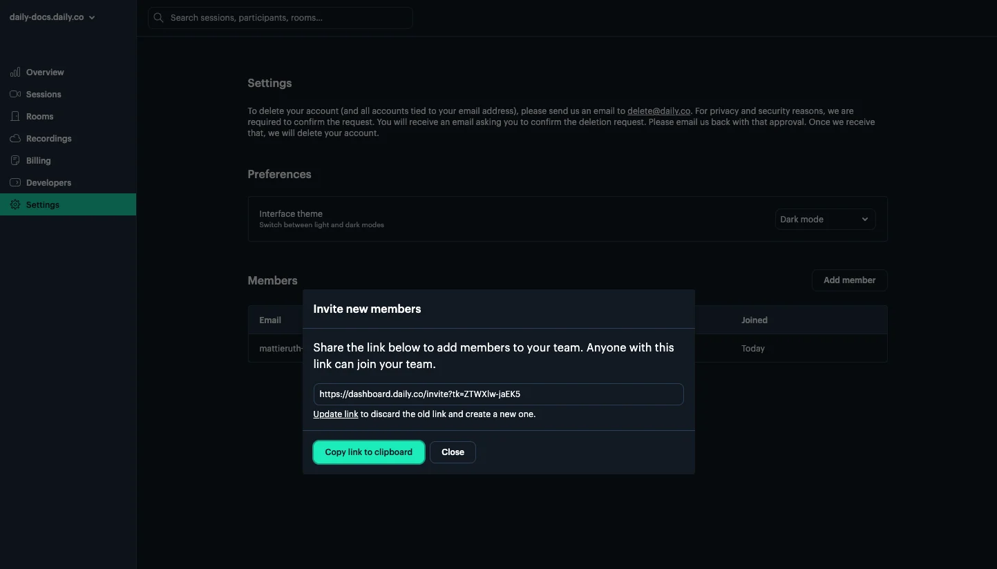 Invite link modal in the Daily dashboard
