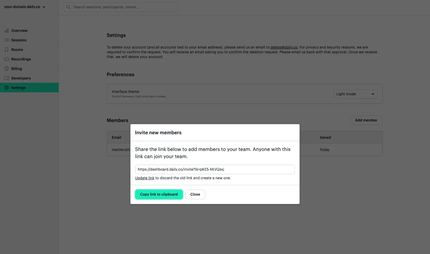 Invite link modal in the Daily dashboard