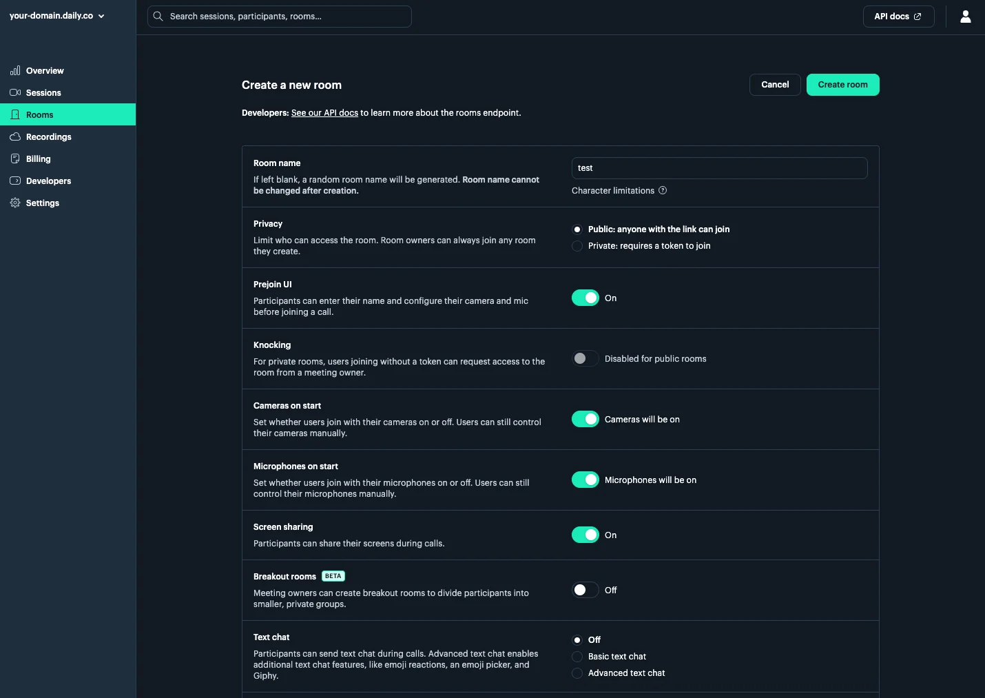 Room creation form in the Daily dashboard