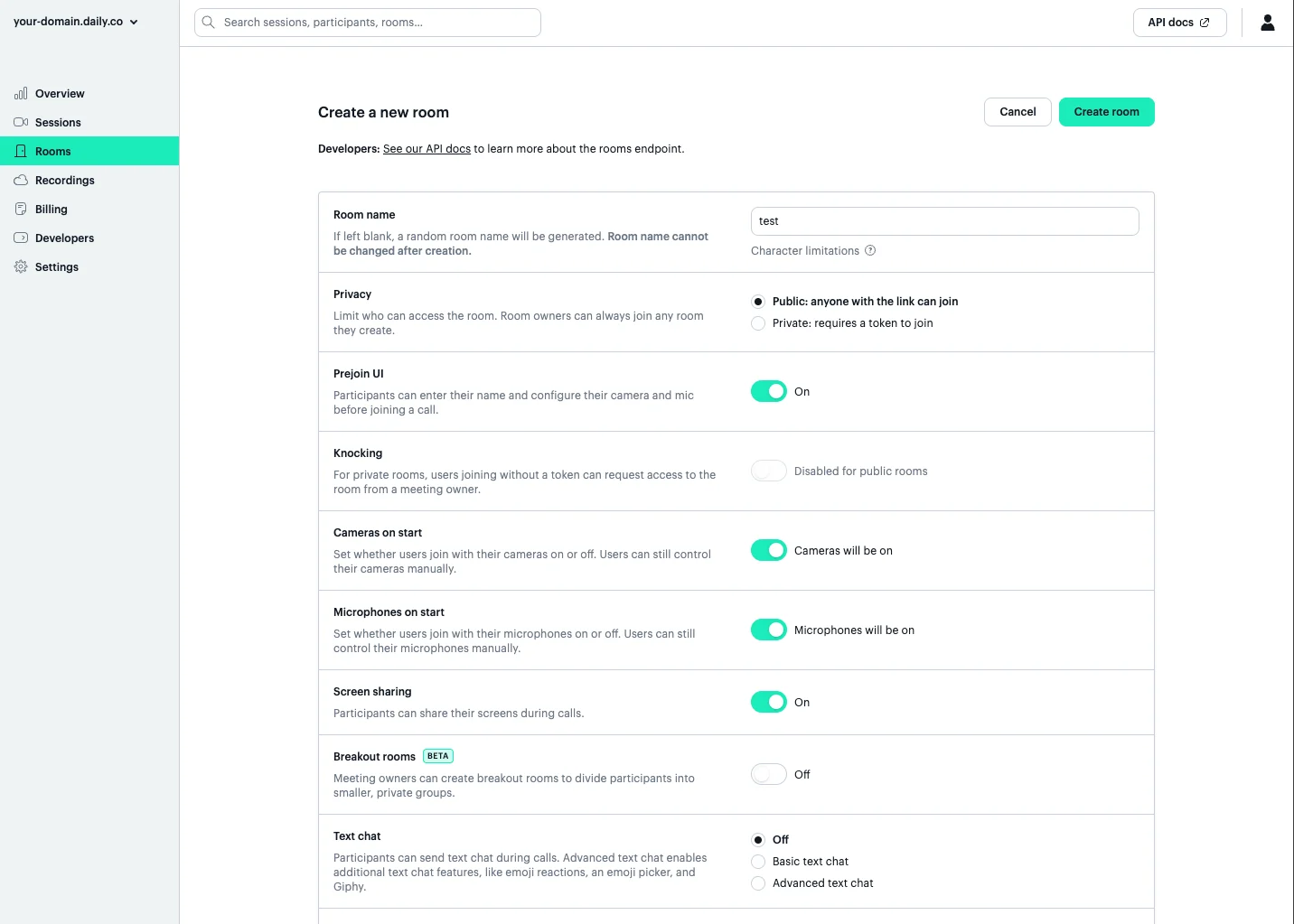 Room creation form in the Daily dashboard