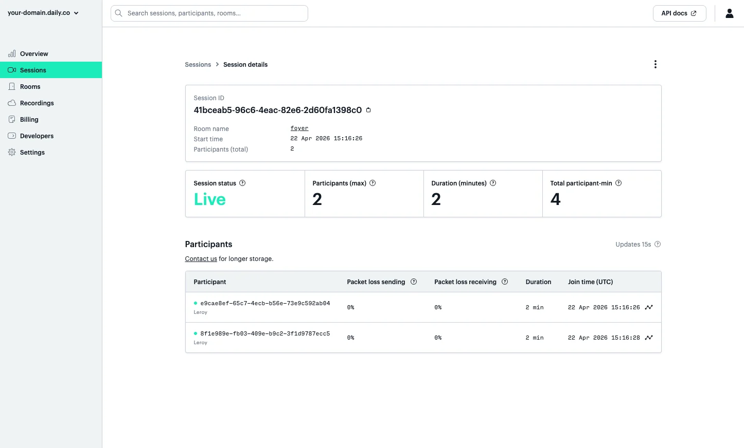 Session details page in the Daily dashboard