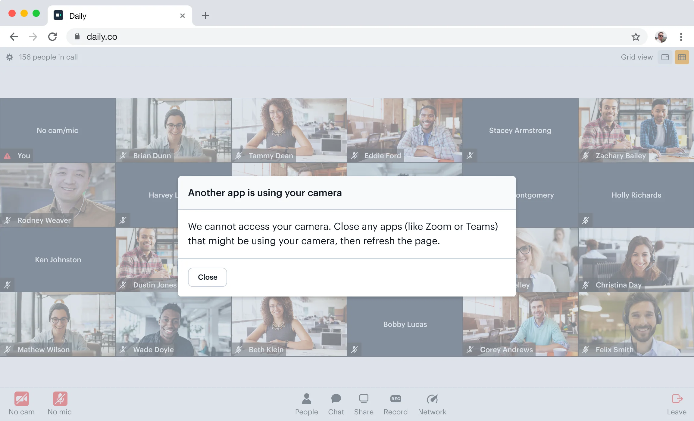 Prompt in a video call asks participant to restart an application