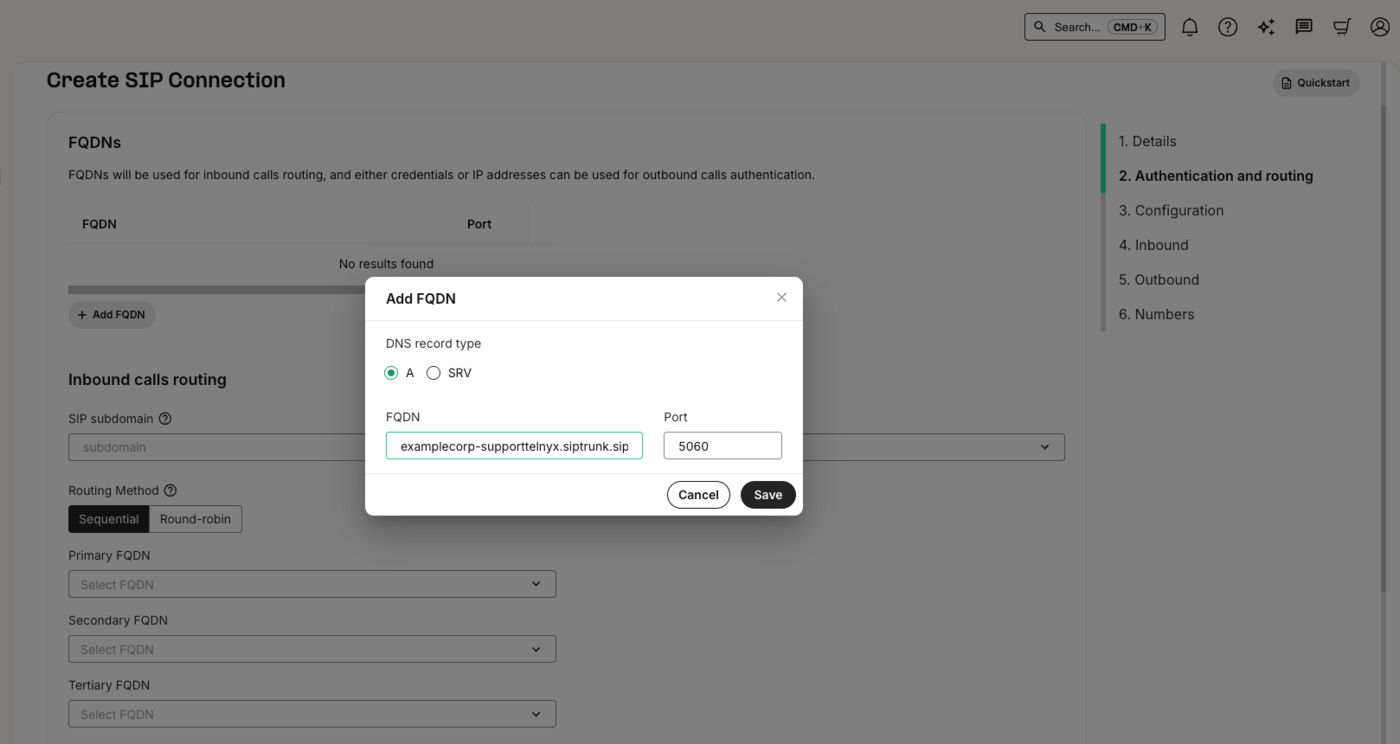 The Telnyx Add FQDN dialog with the Daily trunk host and port 5060 entered