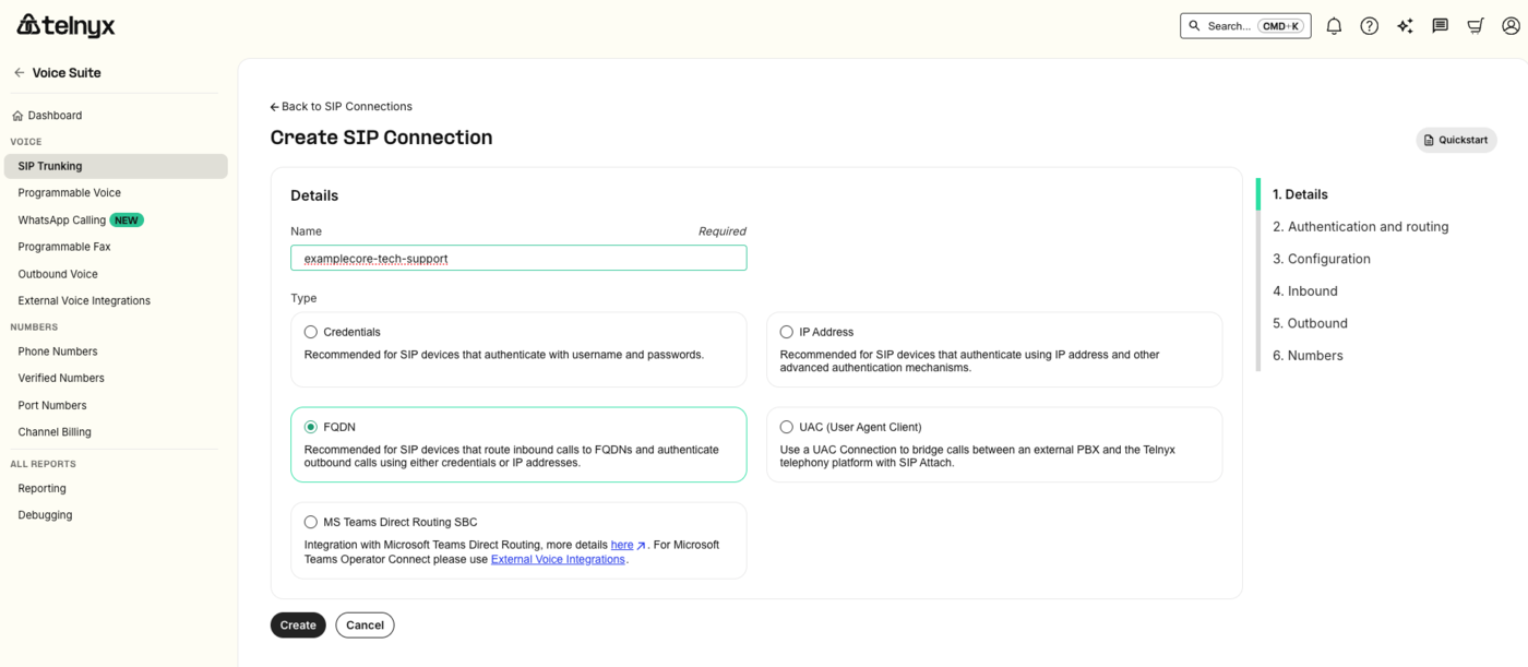 The Telnyx Create SIP Connection form with the name filled in and the FQDN type selected