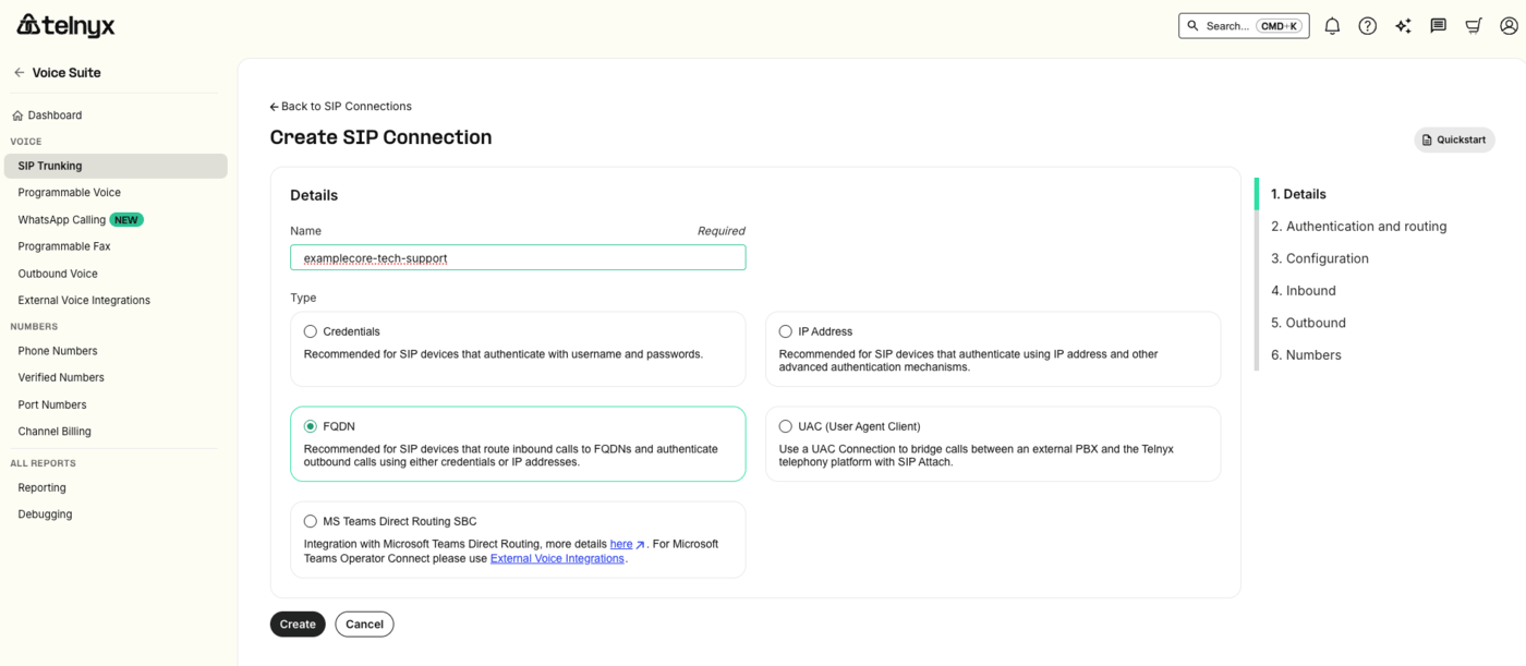 The Telnyx Create SIP Connection form with the name filled in and the FQDN type selected