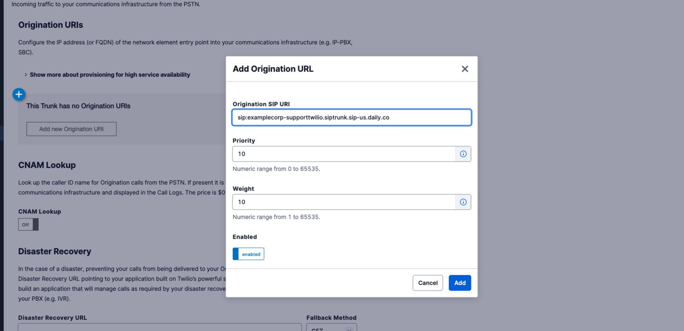 The Twilio Add Origination URL dialog with the Daily trunk host, priority and weight