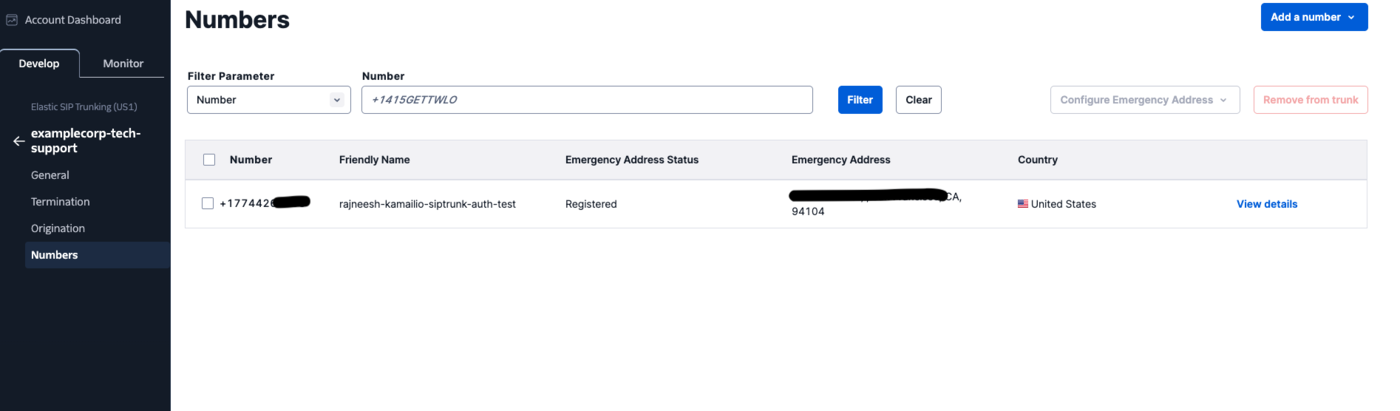 The Twilio trunk Numbers tab listing an attached phone number