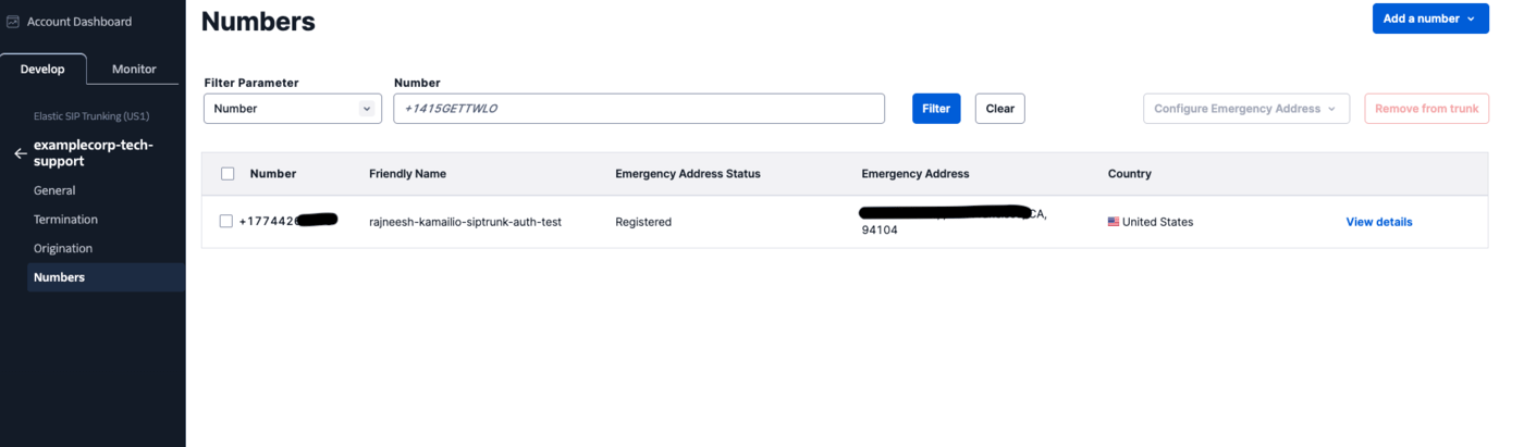 The Twilio trunk Numbers tab listing an attached phone number