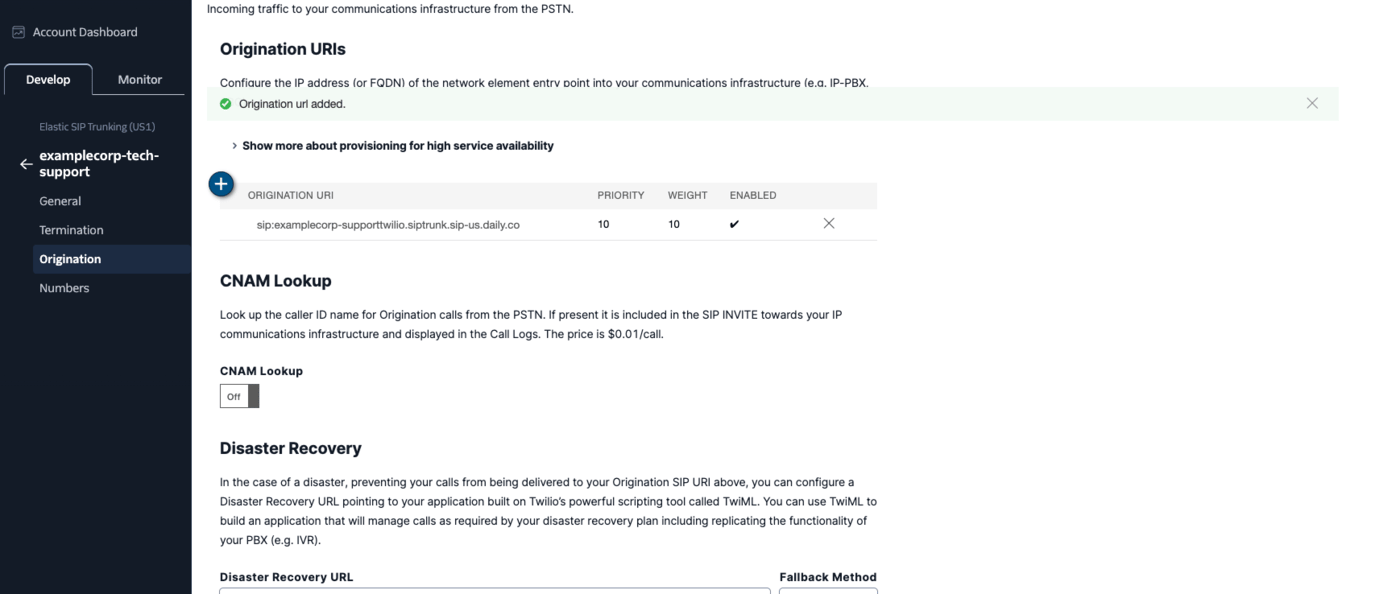 The Twilio Origination URIs table listing the added Daily trunk URI