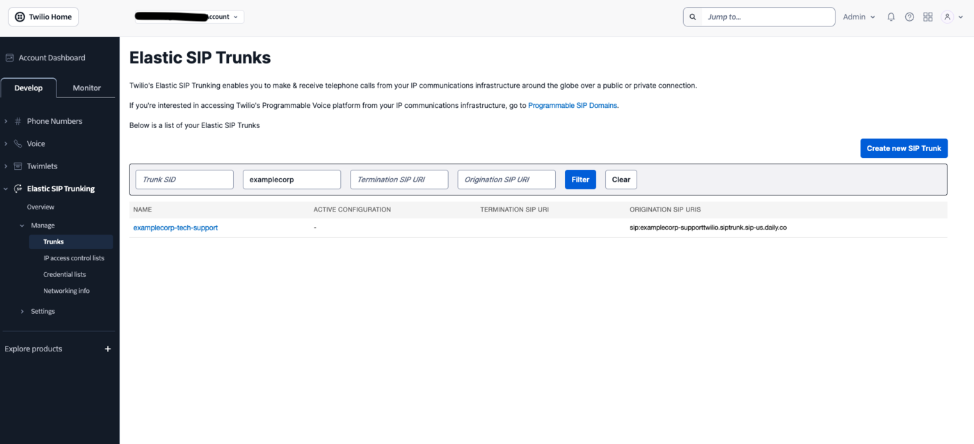 The Twilio Elastic SIP Trunks list showing a newly created trunk and its Origination SIP URI