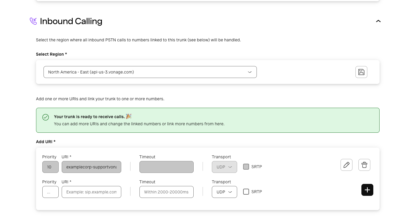 The Vonage Inbound Calling section with the region selected and a URI pointing at the Daily trunk host