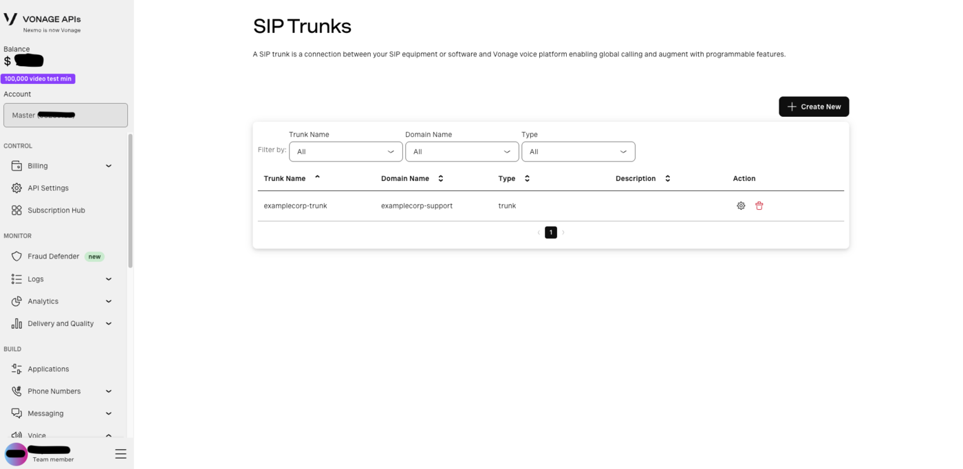 The Vonage SIP Trunks page listing a newly created trunk