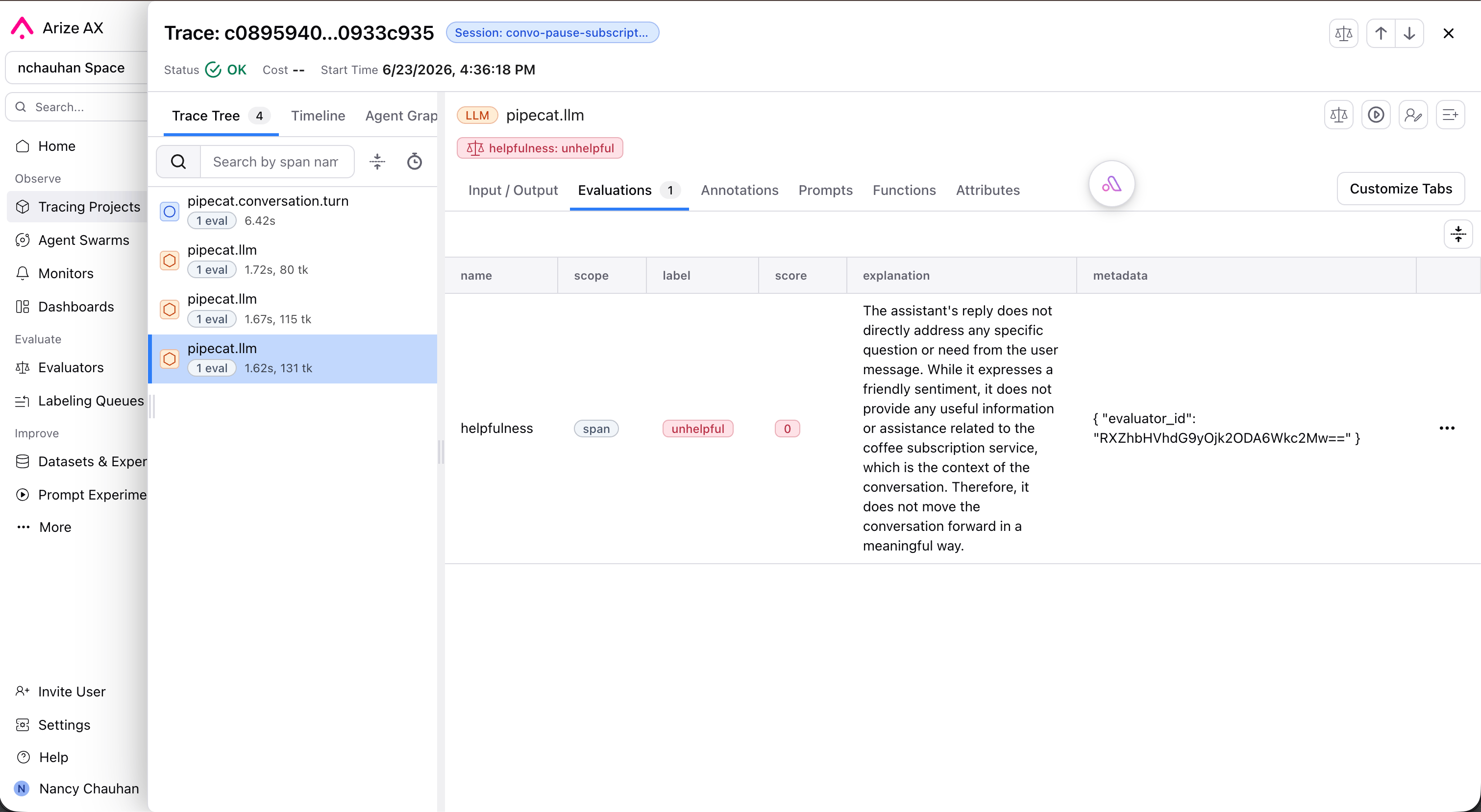 An LLM-as-judge helpfulness score on a Pipecat turn in Arize AX, with a label, score, and written explanation