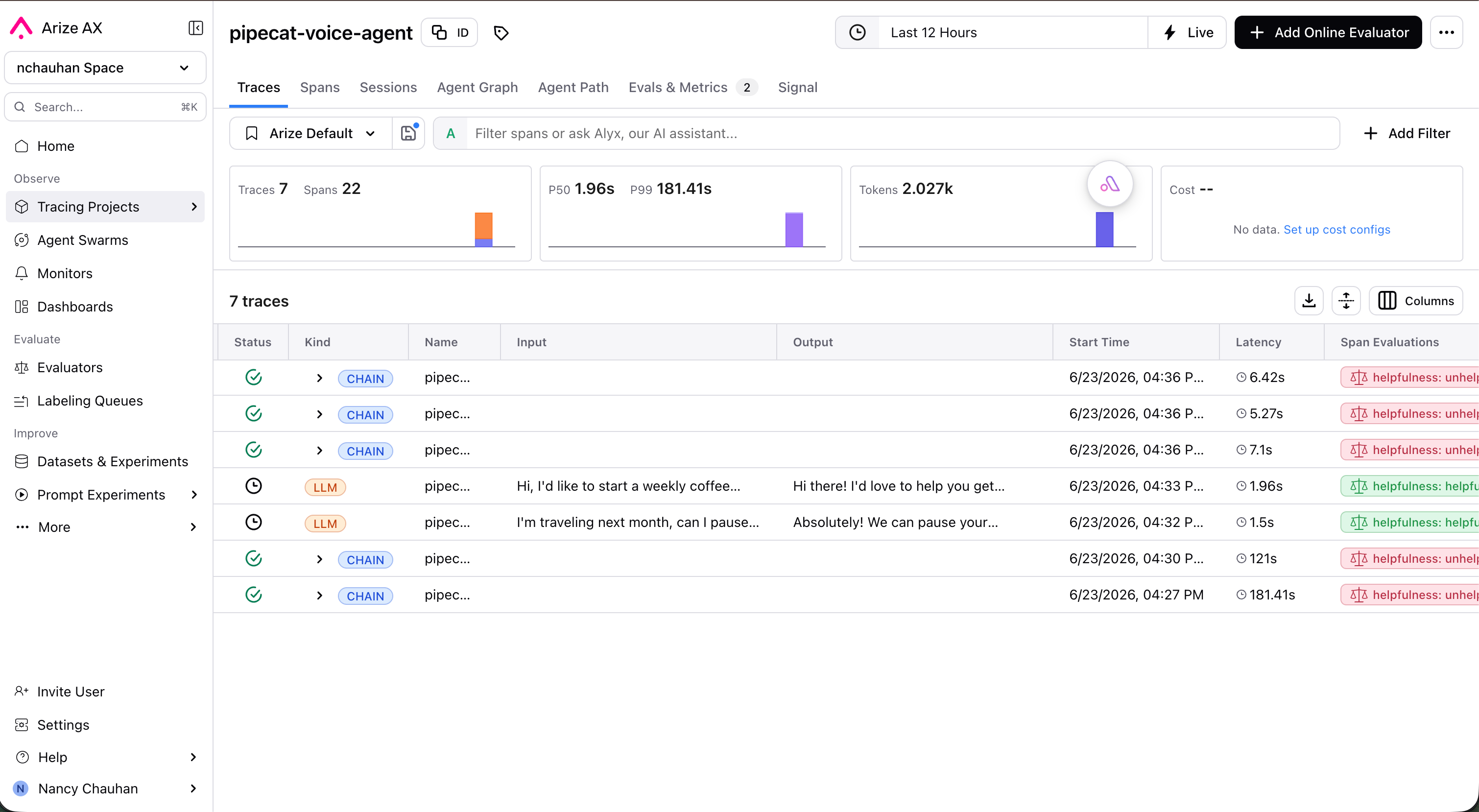 Pipecat conversation traces in Arize AX, with per-turn input/output, latency, and helpfulness evaluations
