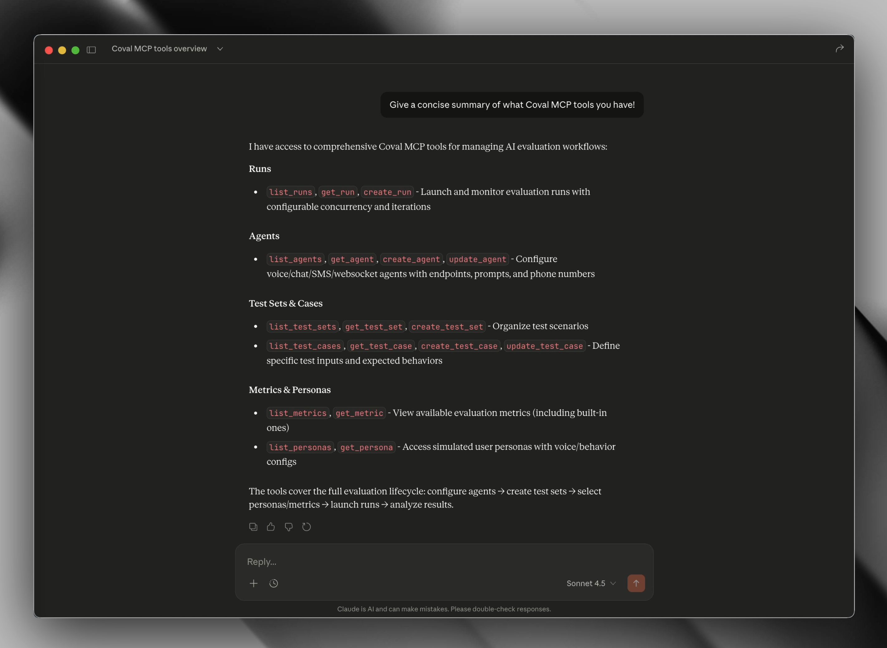 Claude Desktop calling Coval MCP tools to inspect evaluation runs