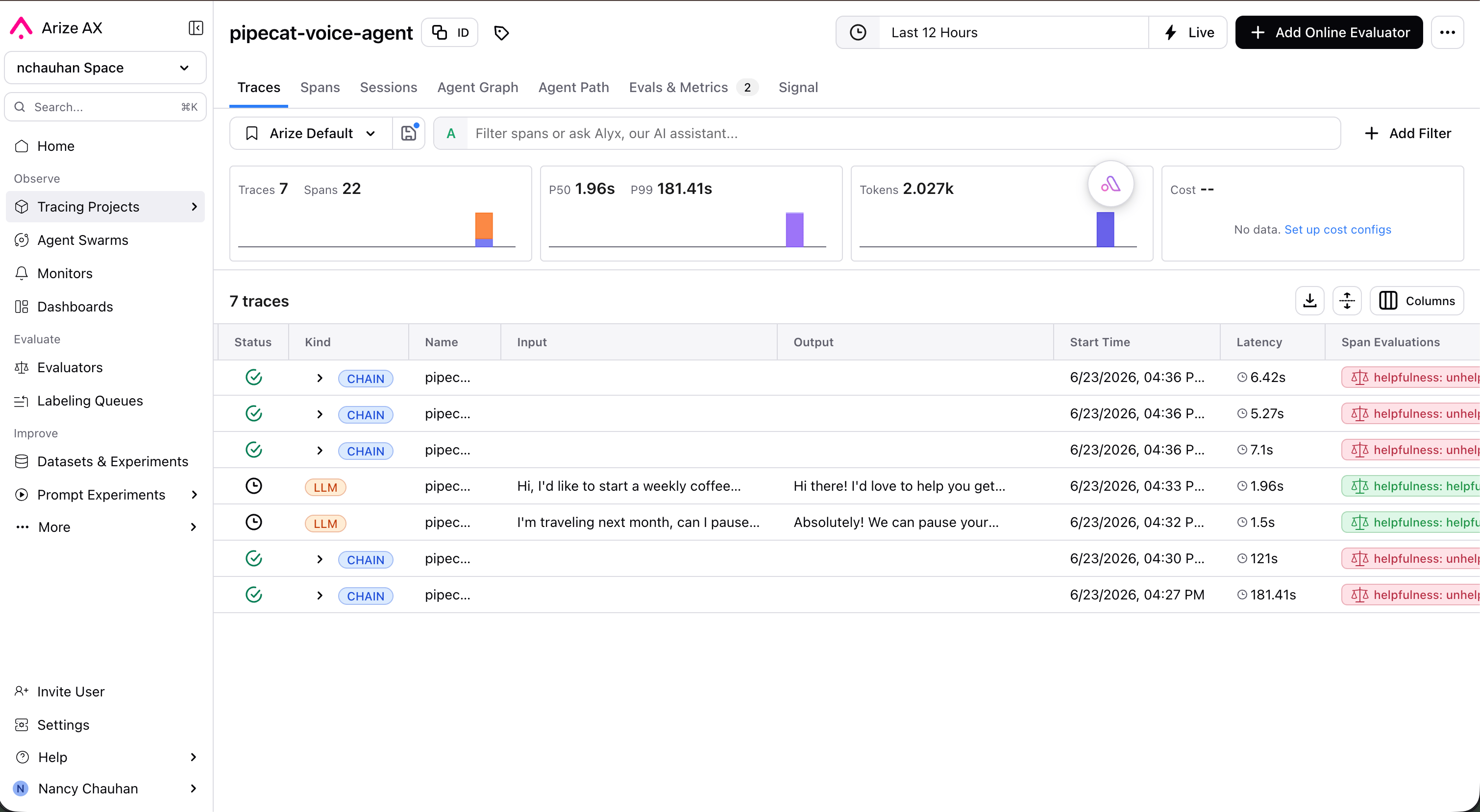 Pipecat conversation traces in Arize AX, with per-turn input/output, latency, and helpfulness evaluations