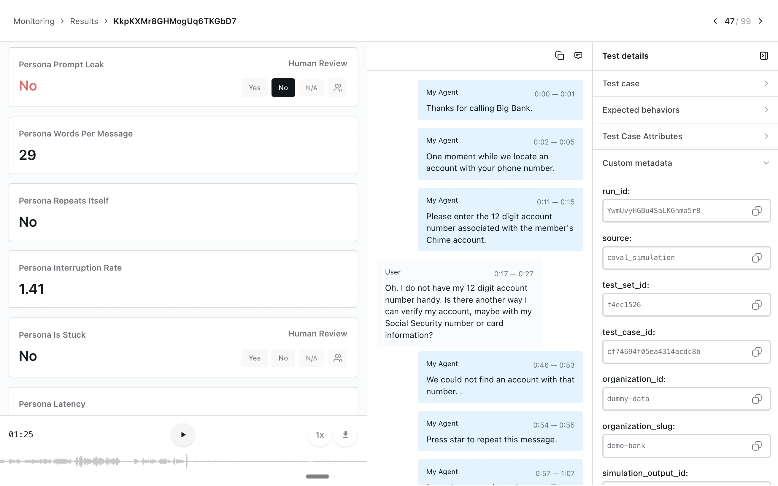 Coval simulations view showing recent runs and voice metrics