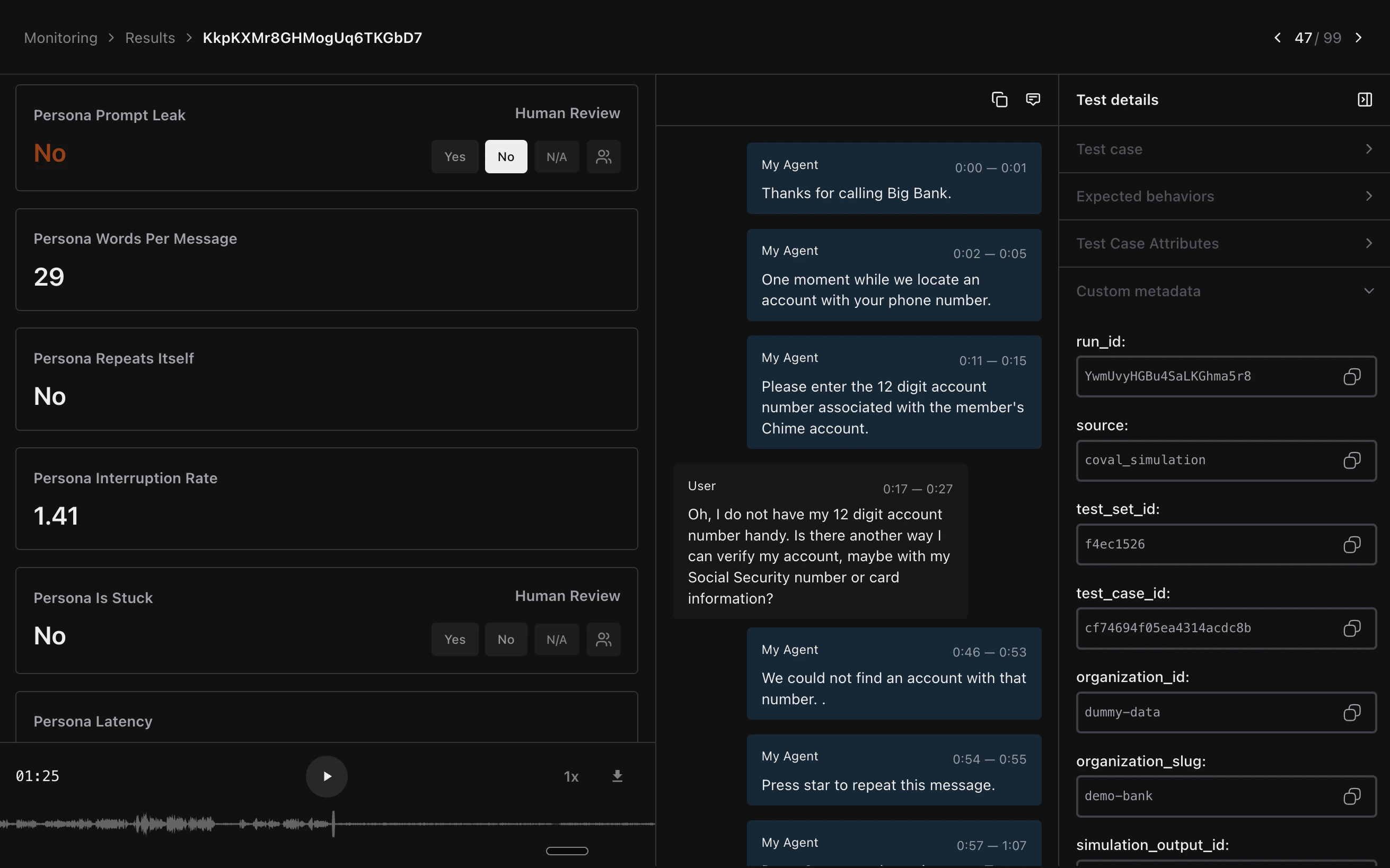 Coval simulations view showing recent runs and voice metrics