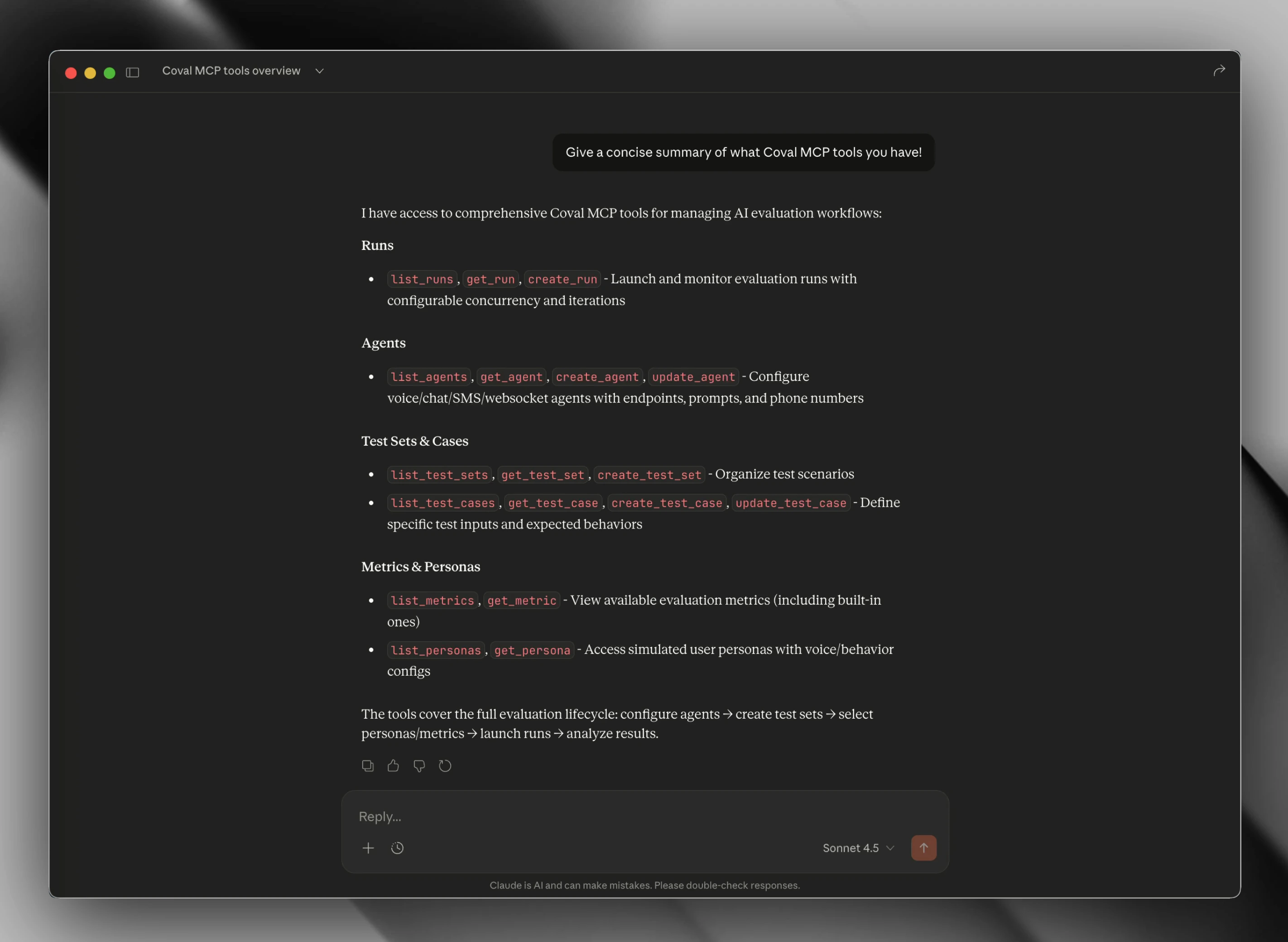 Claude Desktop calling Coval MCP tools to inspect evaluation runs