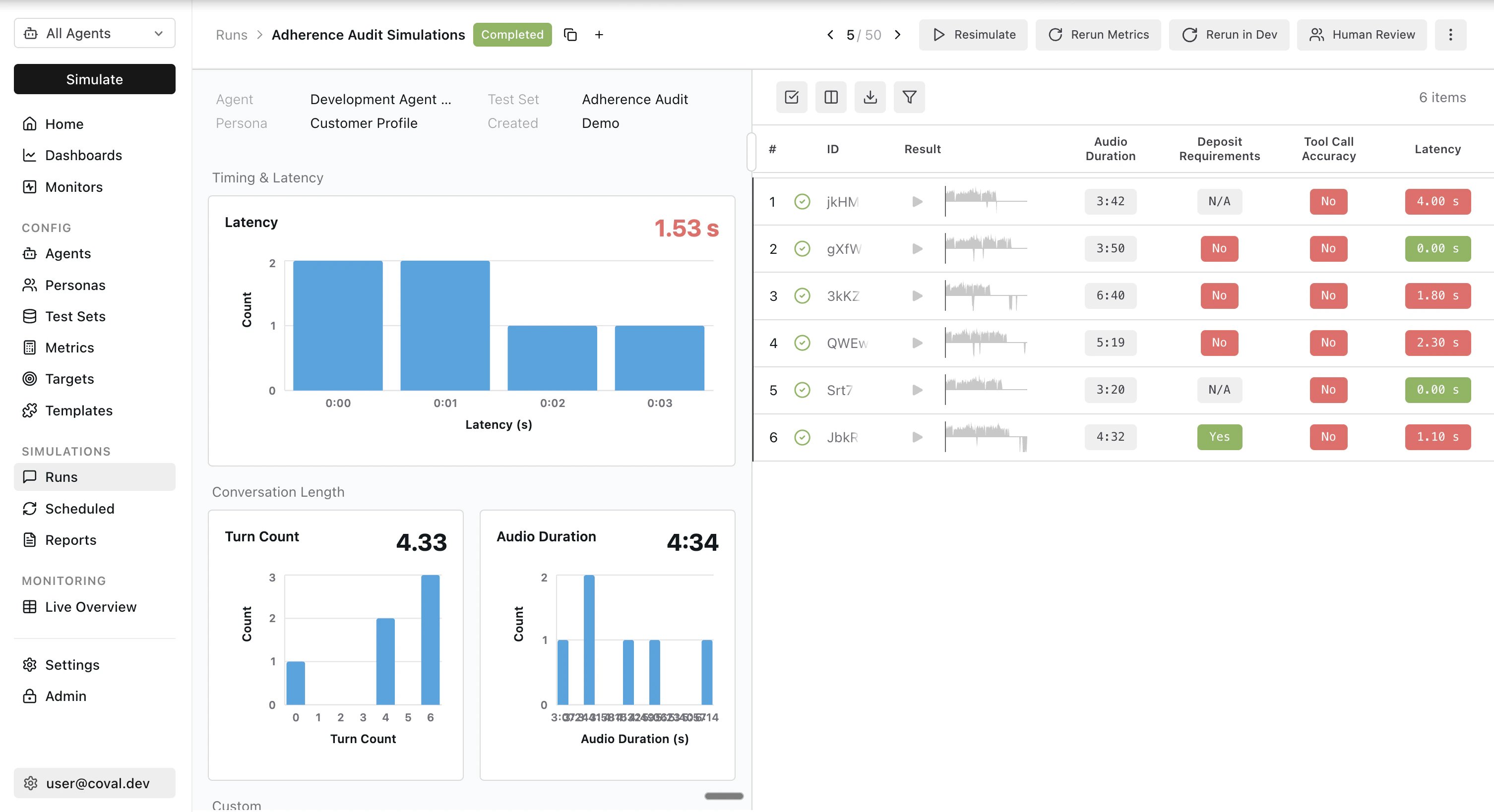 Coval run results showing the voice metric breakdown for a single conversation