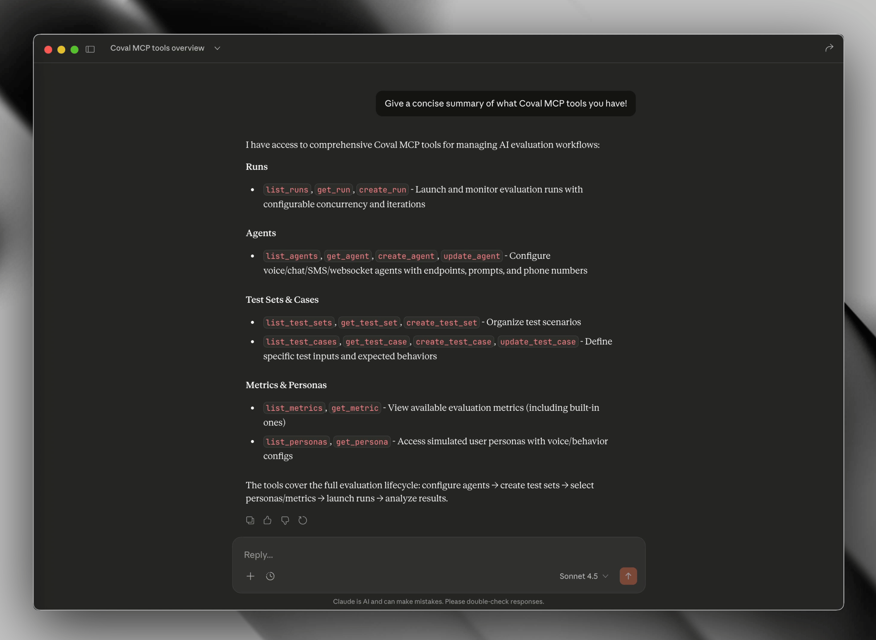Claude Desktop calling Coval MCP tools to inspect evaluation runs