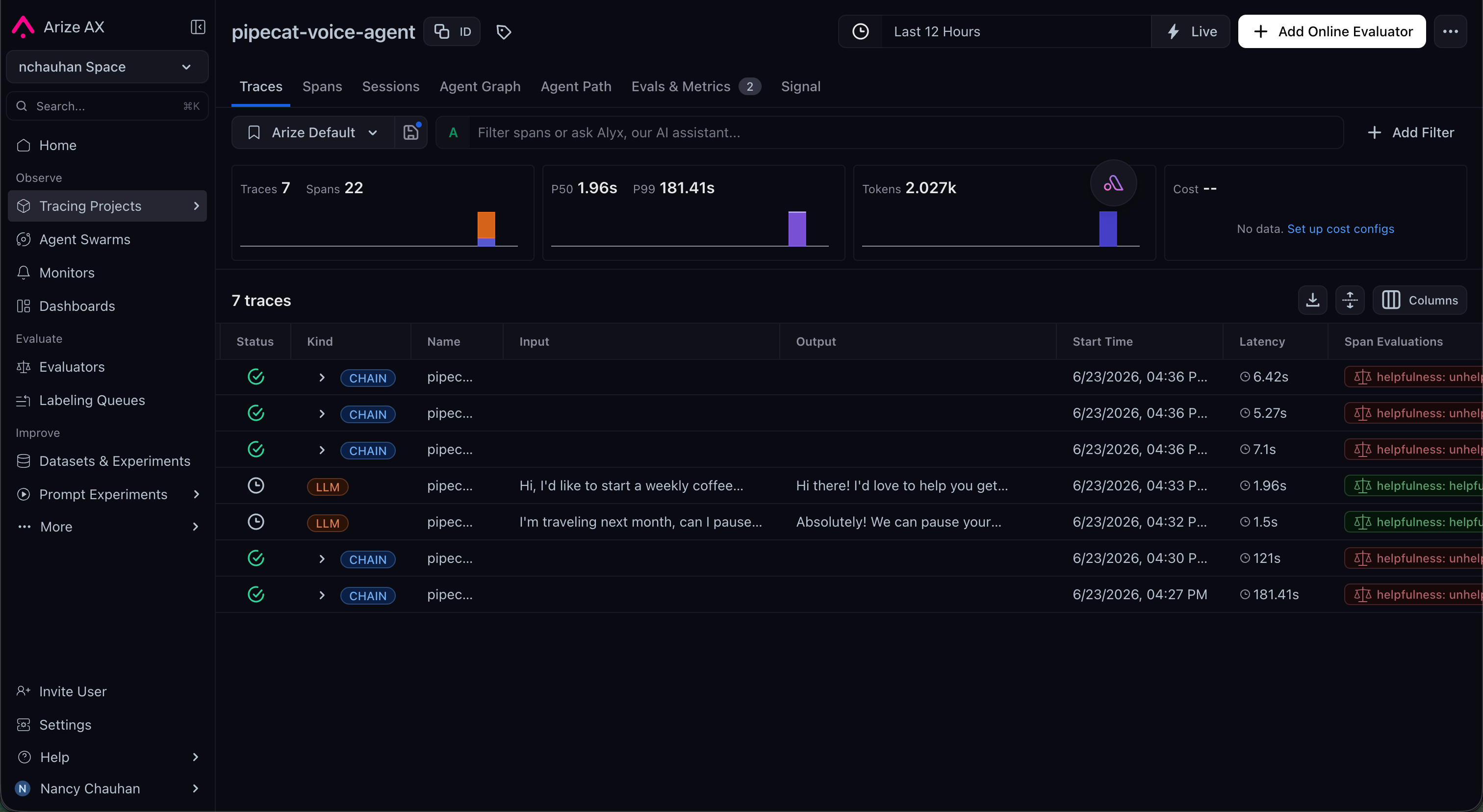 Pipecat conversation traces in Arize AX, with per-turn input/output, latency, and helpfulness evaluations