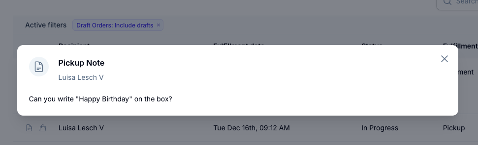 Order Notes Popup Screenshot