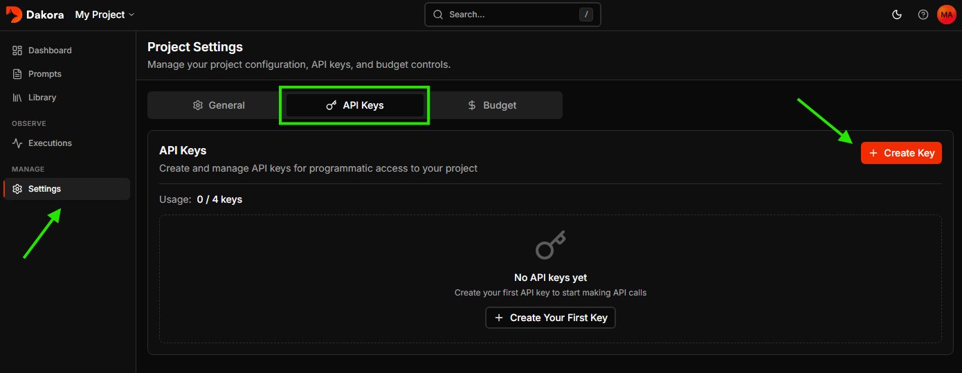 API Keys settings page