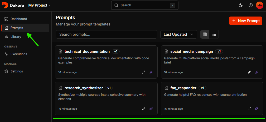 Templates list with starter templates